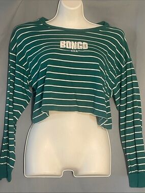 BONGO Teal and White Striped Cropped Long-Sleeve Top